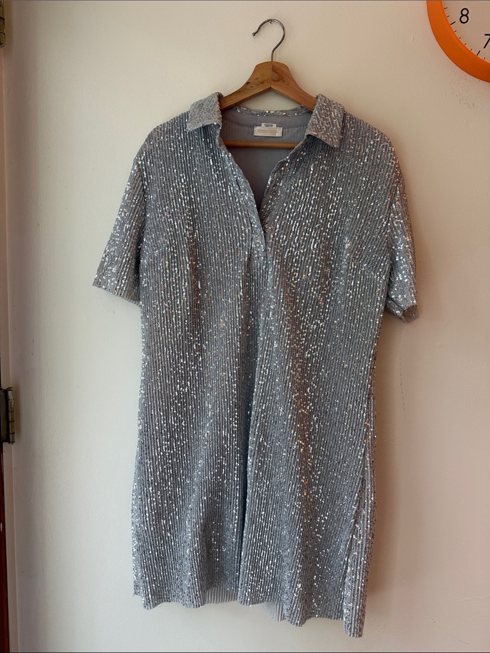 Stine Goya Silver Sequin Short-Sleeve Shirt Dress